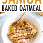 Slide of samoa baked oatmeal in a bowl drizzled with date caramel and chocolate and topped with coconut flakes.