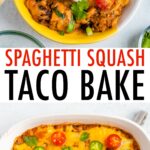 Two photos. One is of a bowl with spaghetti squash taco bake topped with sour cream. The second photo is a casserole dish of the taco bake topped with cheese, jalapeños and tomatoes.