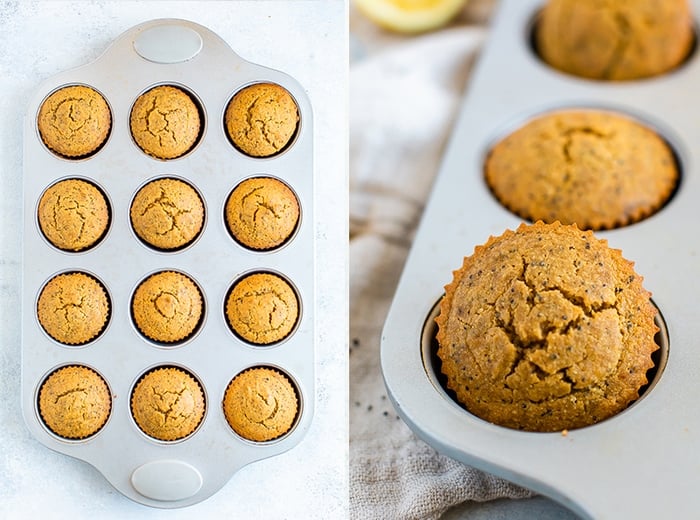 Two side by side photos of lemon poppyseed muffins in a muffin tin and a close up a muffin.