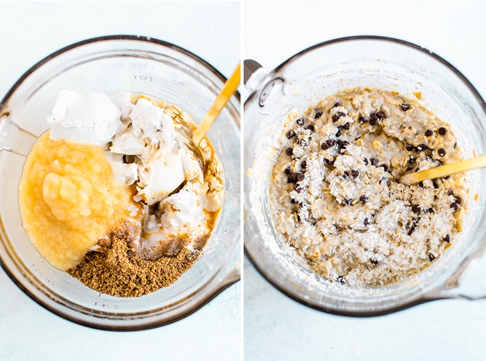 Two side by side photos of mixing bowls. One had ingredients for samoa baked oatmeal before being mixed and the other is a bowl with the ingredients mixed up.