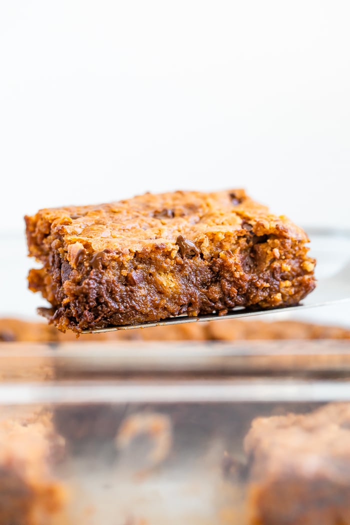 Gooey blondie on a spatula.