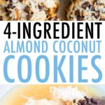 Photos of almond coconut cookies on a plate and the 4 ingredients for the cookies in a mixing bowl (coconut flakes, almonds, chocolate chips and sweetened condensed coconut milk).