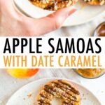 Hand holding an apple samoa, and four apple samoas on a plate. Slices of apples topped with caramel, chocolate and coconut.