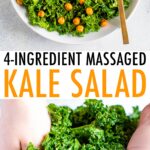 Bowl of kale salad with avocado and chickpeas and a photo of hands massaging kale.