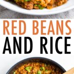 Plate of red beans and brown rice, and a pot with the red beans.