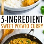 Bowl of rice with sweet potato curry, and a skillet with the sweet potato curry.