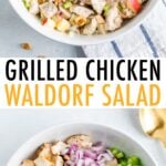 Two bowls, one is of the ingredients for a chicken waldorf salad before being mixed and the other bowl is the salad mixed and topped with a creamy dressing!