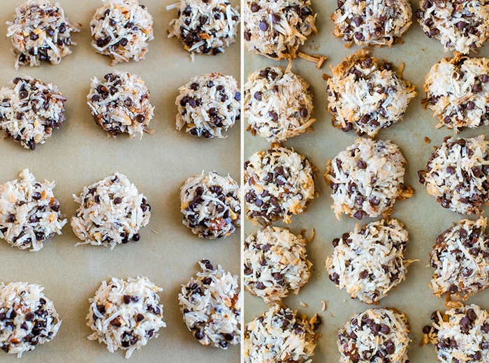 Side by side photos of cookie sheets. One is of almond coconut cookies before being baked and after being baked.