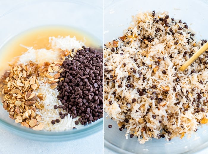 Two mixing bowls. One with sweetened condensed coconut milk, almond, coconut flakes and chocolate chips before being mixed, and a bowl with the mixed cookie mixture.