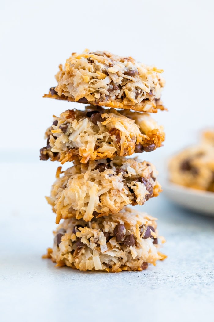 Stack of almond coconut chocolate chip cookies.