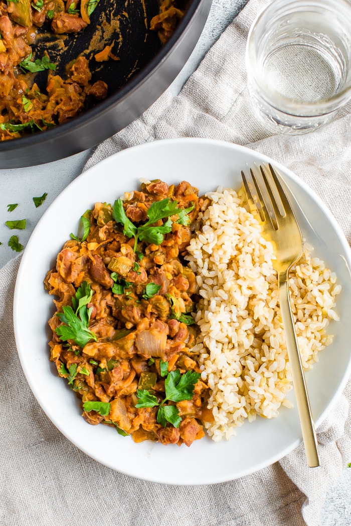 Plate with red beans and brown rice.