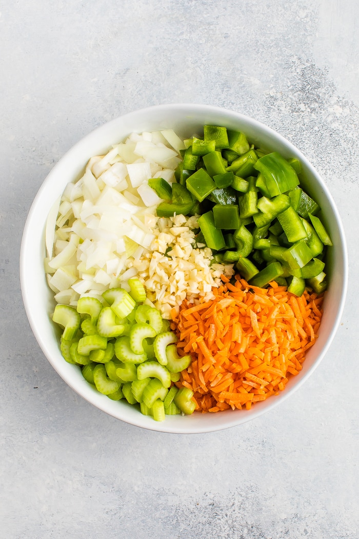 Veggies chopped up in a bowl.