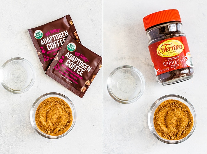 Two images of ingredients for dalgona coffee: water, coconut sugar and adaptogen coffee packets, and water, coconut sugar and instant espresso.