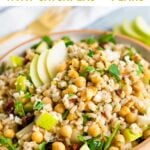 Bowl of barley salad with chickpeas and pear.