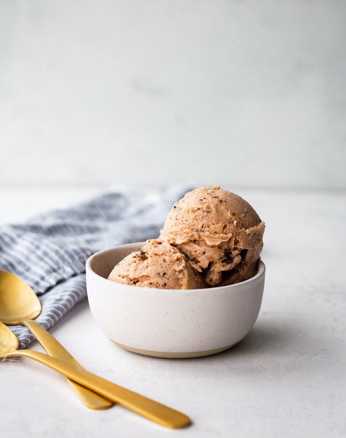 Bowl with two scoops of chocolate banana ice cream.