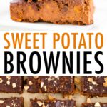Photo of a stack of four sweet potato brownies. Sweet potato brownies on parchment paper topped with a chocolate ganache and chopped almonds.