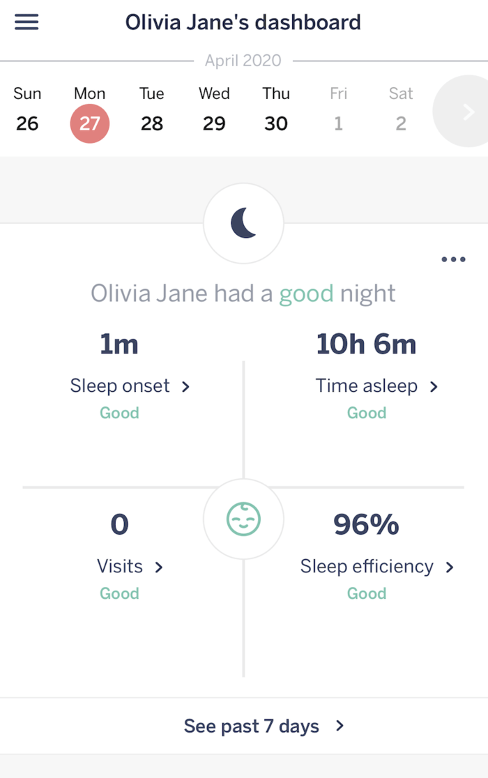 A screenshot of Olivia's nan-it sleep summary.