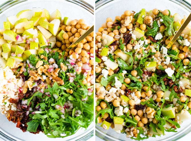 Side my side photos of salad ingredients in a bowl before and after being mixed. Ingredients include cheese, dried tomatoes, arugula, barley, chickpeas, pears, walnuts and onion.