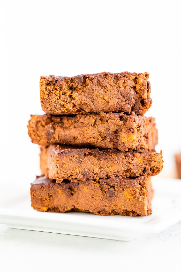 Stack of four sweet potato brownies.