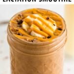 Chocolate banana smoothie in a jar topped with banana, cacao nibs and a peanut butter drizzle.