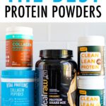 5 tubs of protein powder stacked and displayed