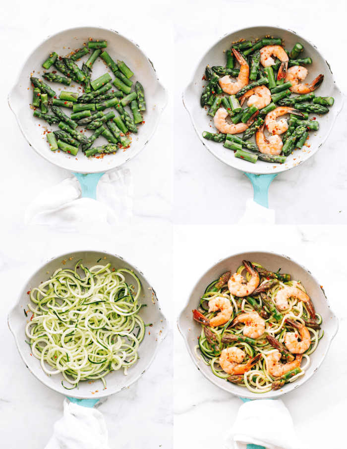 Collage with four images of a pan, the first one with sautéed asparagus, the next one with shrimp added, the next one with zucchini noodles and then a final one with all the ingredients together.