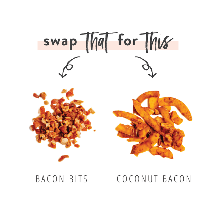 Graphic for healthy salad toppings, swapping bacon bits for coconut bacon.