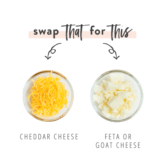 Graphic swapping cheddar cheese for feta or goat cheese as a healthier salad topping option.