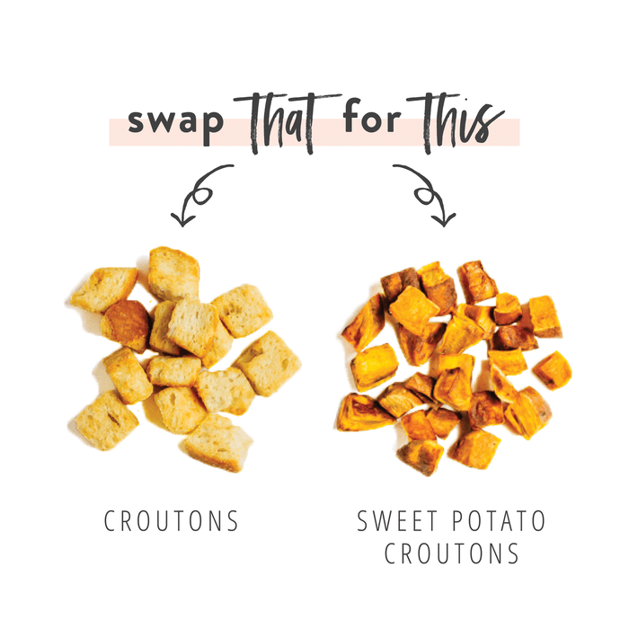 Graphic swapping croutons for sweet potato croutons as a healthy salad topping option.