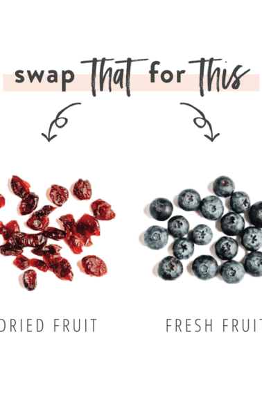 Graphic swapping dried fruit for fresh fruit as a healthier salad topping option.
