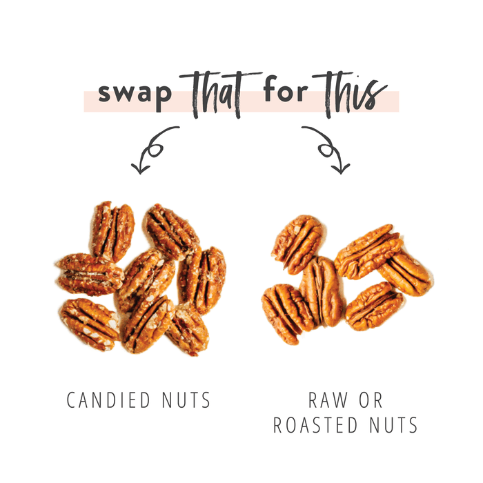 Graphic swapping candied nuts for raw or roasted nuts as a healthy salad topping option.