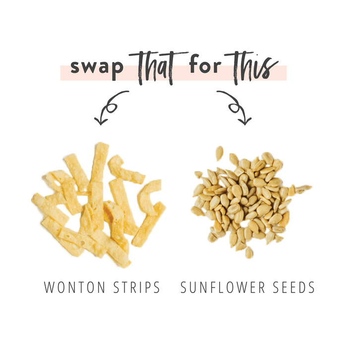 Graphic swapping out unhealthy wonton strips for healthier sunflower seeds as a salad topping.