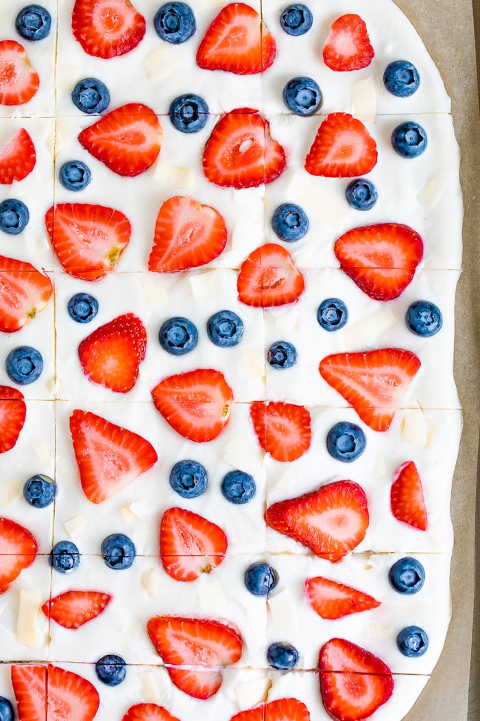 Frozen yogurt bark topped with blueberries, strawberries and coconut flakes, and cut into squares.