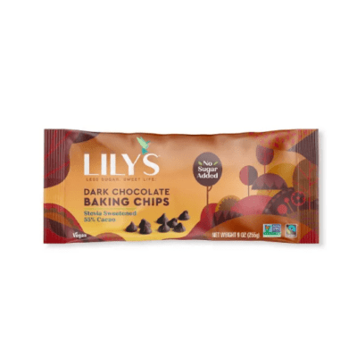 A bag of Lily's dark chocolate chip baking chips.