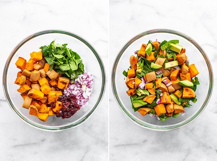 Side by side photo of a bowl with sweet potato salad ingredients. In one bowl the ingredients are in the bowl organized. In the second photo they are all mixed together.