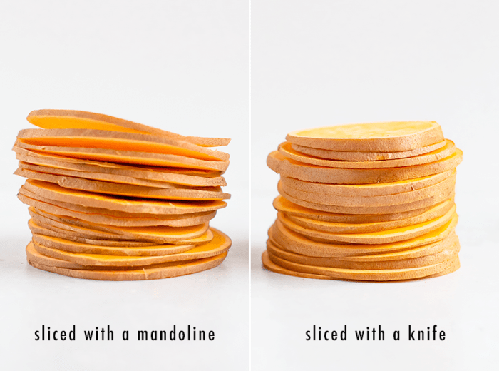Side by side photos comparing sweet potatoes sliced with a mandoline vs a knife.