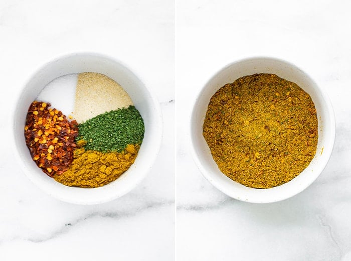 Thai curry spice blend in bowls, one with ingredients separated and one with all the spices mixed
