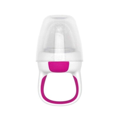 OXO Tot Silicone Self-Feeder with pink accents on a white background.