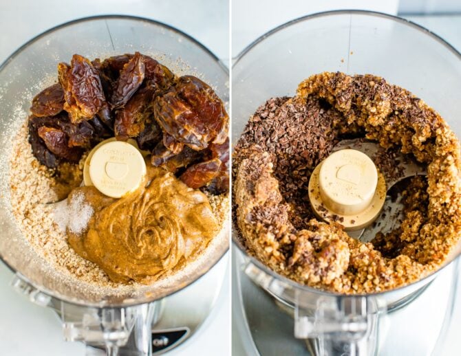 Side by side photos of food processors. The first is of the ingredients to make no bake almond cookies (almond butter, dates, almonds) and the second photo is of all the ingredients blended up.