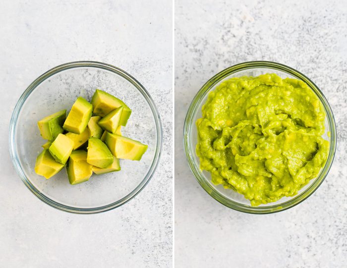 Side by side photos. The first is of a bowl of avocado chunks. The second photo is of mashed avocado.