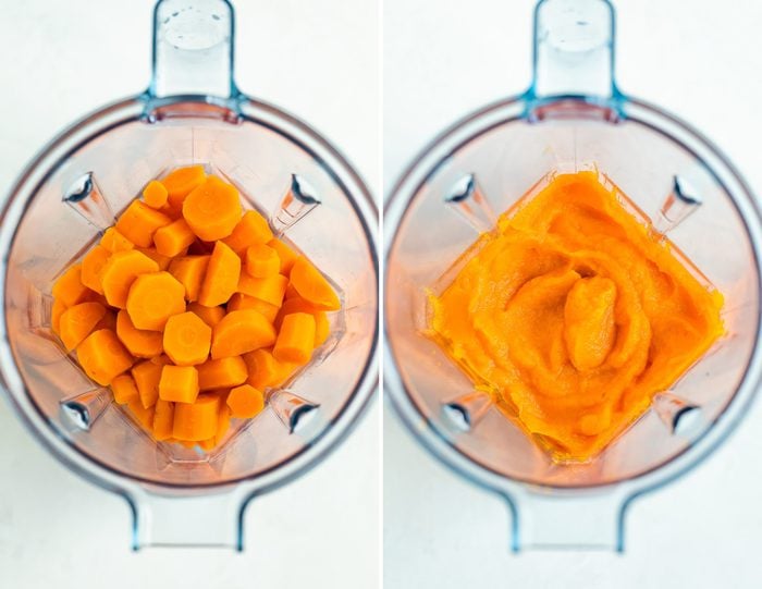 Two blenders, one with cooked carrots and water, the other with blended carrot puree