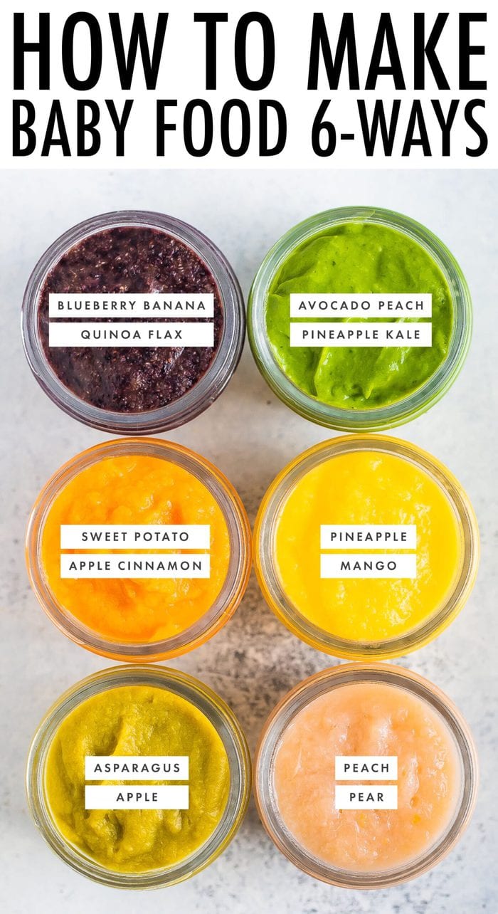 Overhead photo of 6 baby food glass jars with 6 different kind of baby food with labels of what kind of food is inside.