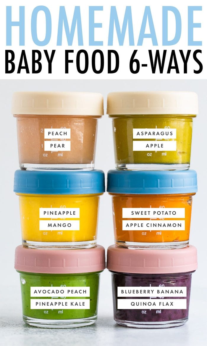 Photo of 6 baby food glass jars stacked and filled with 6 different kind of baby food with labels of what kind of food is inside.