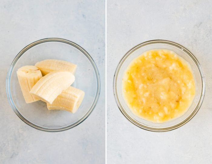 Two side by side photos. The first is of banana chunks in a bowl. The second is of mashed banana in a bowl.