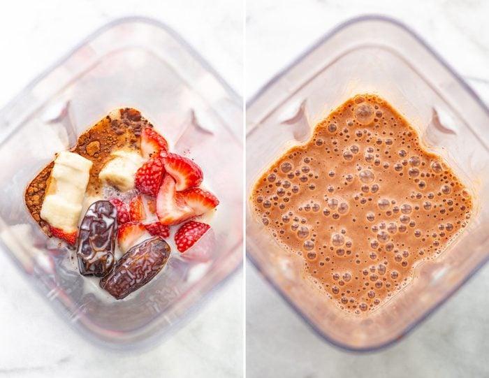 Side by side photos of bird's eye view blenders. The first photo is of the ingredients for a chocolate strawberry smoothie including banana, dates, strawberries, almond milk and strawberries. The second photo is of the chocolate strawberry smoothie blended in the blender.