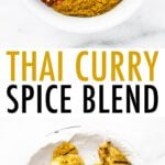 A bowl with 5 spices before being mixed for a thai curry spice rub. A plate with thai curry spice rubbed chicken is below that photo.