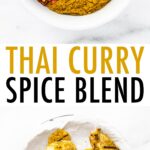 A bowl with 5 spices before being mixed for a thai curry spice rub. A plate with thai curry spice rubbed chicken is below that photo.