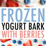 Hand holding a piece of frozen yogurt bark topped with strawberries, blueberries, and coconut flakes. A layer of yogurt bark is cut into squares in another photo.