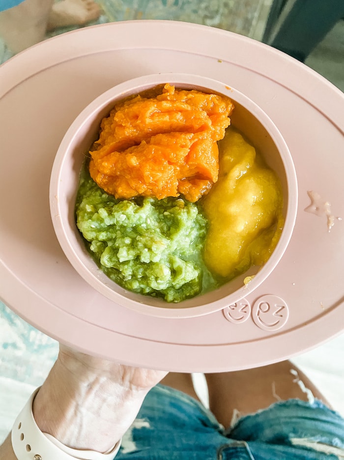 Ezpz bowl with sweet potato, peas and mango.
