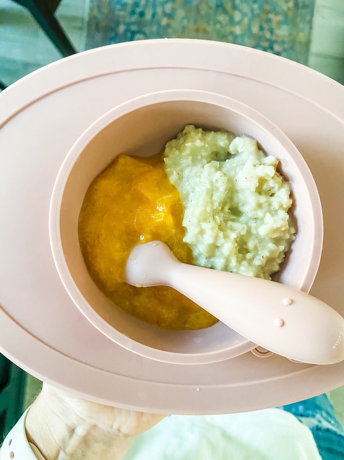 Oatmeal and mango for baby in an ezpz bowl